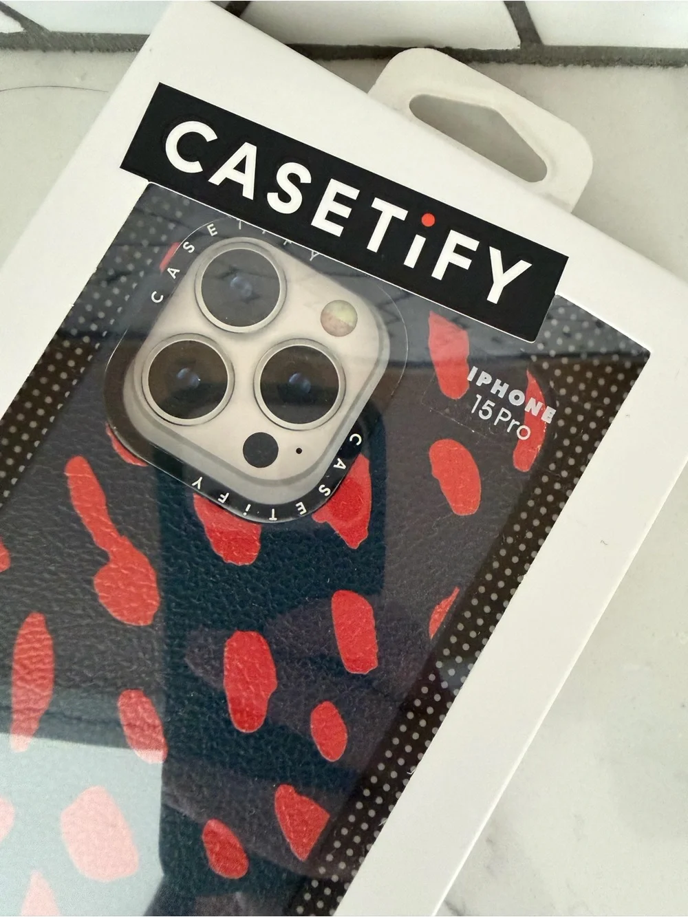 Clare V. x Casetify Navy with Poppy Jaguar Print Leather iPhone 15 Pro Case